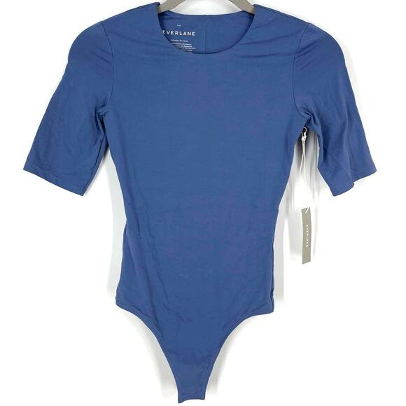 Everlane Tops - Everlane The Short Sleeve Crew Neck Bodysuit Blue Thong Supima Cotton XXS NWT